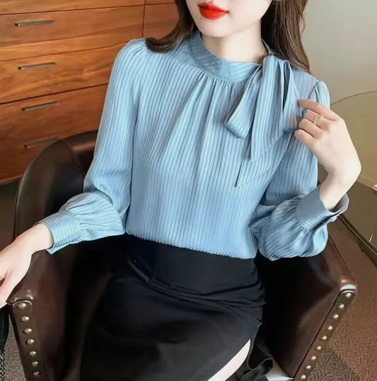 Striped Blouse Spring Autumn Long Sleeve Chiffon Korean Shirt Top Women Clothing