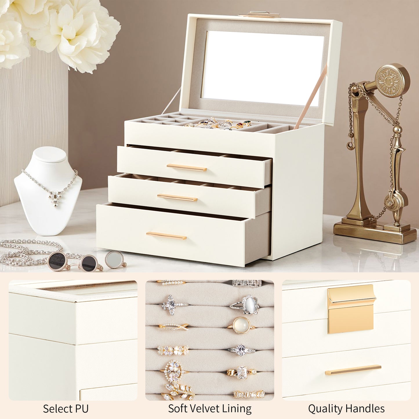 Deluxe 2-Drawer Jewelry Box with Clear Top View – White & Pink Velvet Storage Case