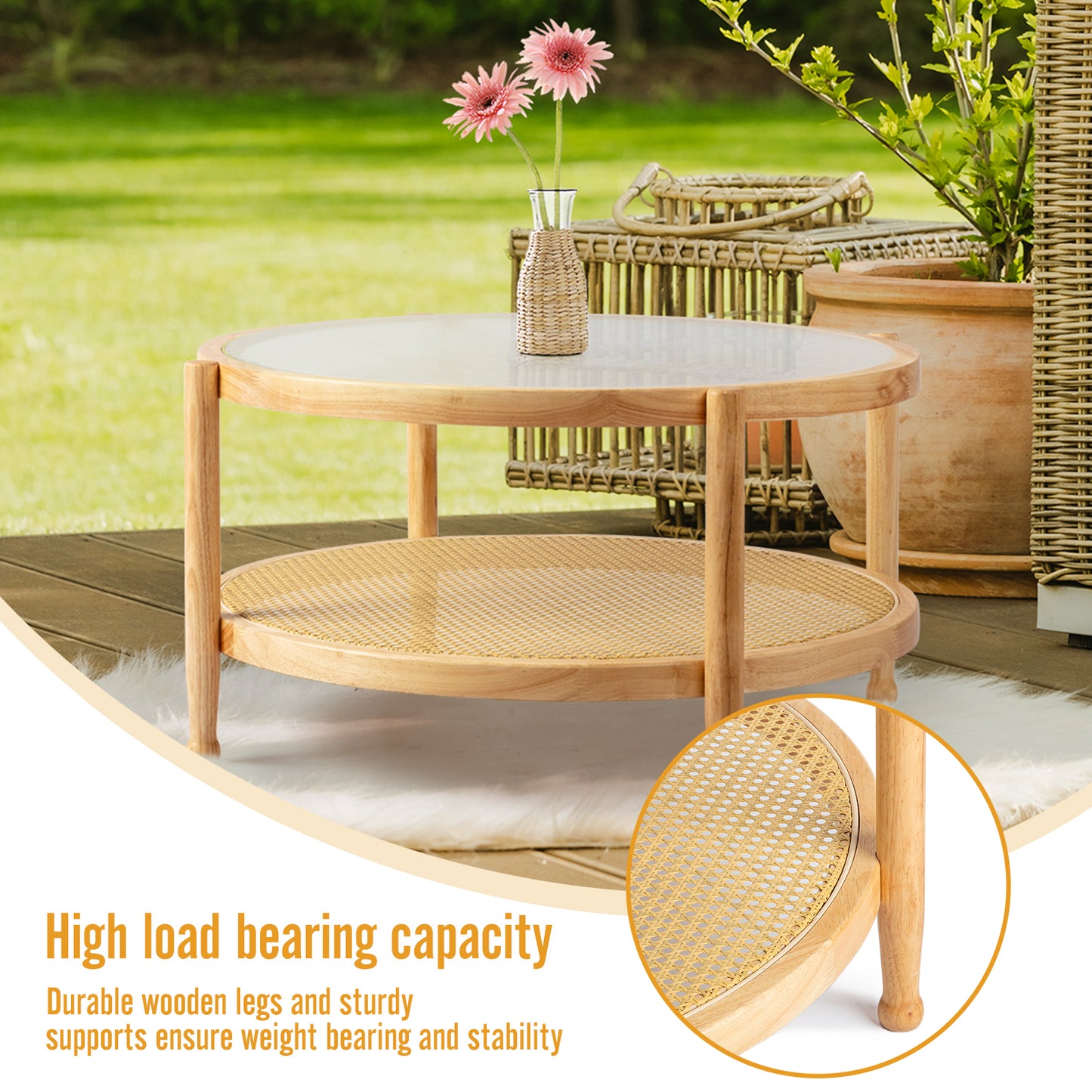 31.5in Rattan Coffee Table with Glass Top, Round End Table, Boho Style Side Table Sofa End Table for Living Room Balcony Patio, Natural