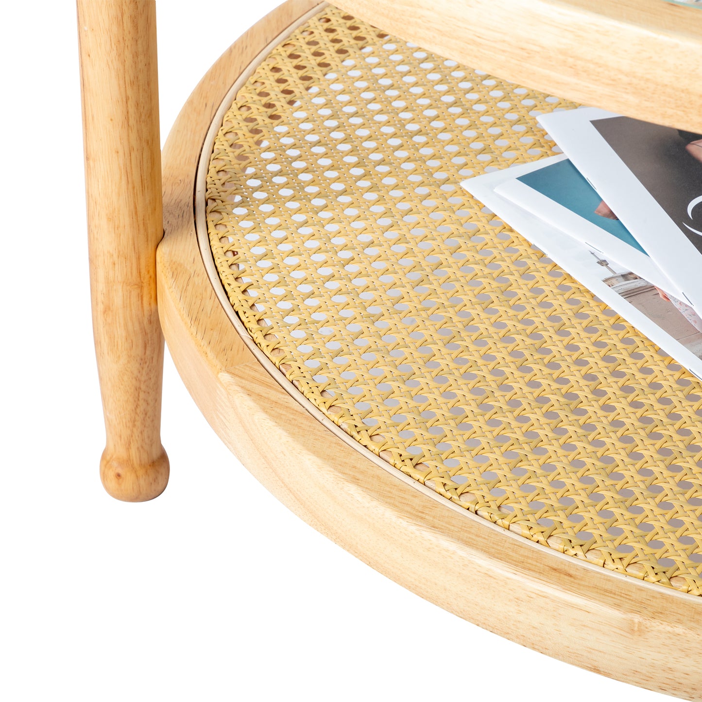 31.5in Rattan Coffee Table with Glass Top, Round End Table, Boho Style Side Table Sofa End Table for Living Room Balcony Patio, Natural