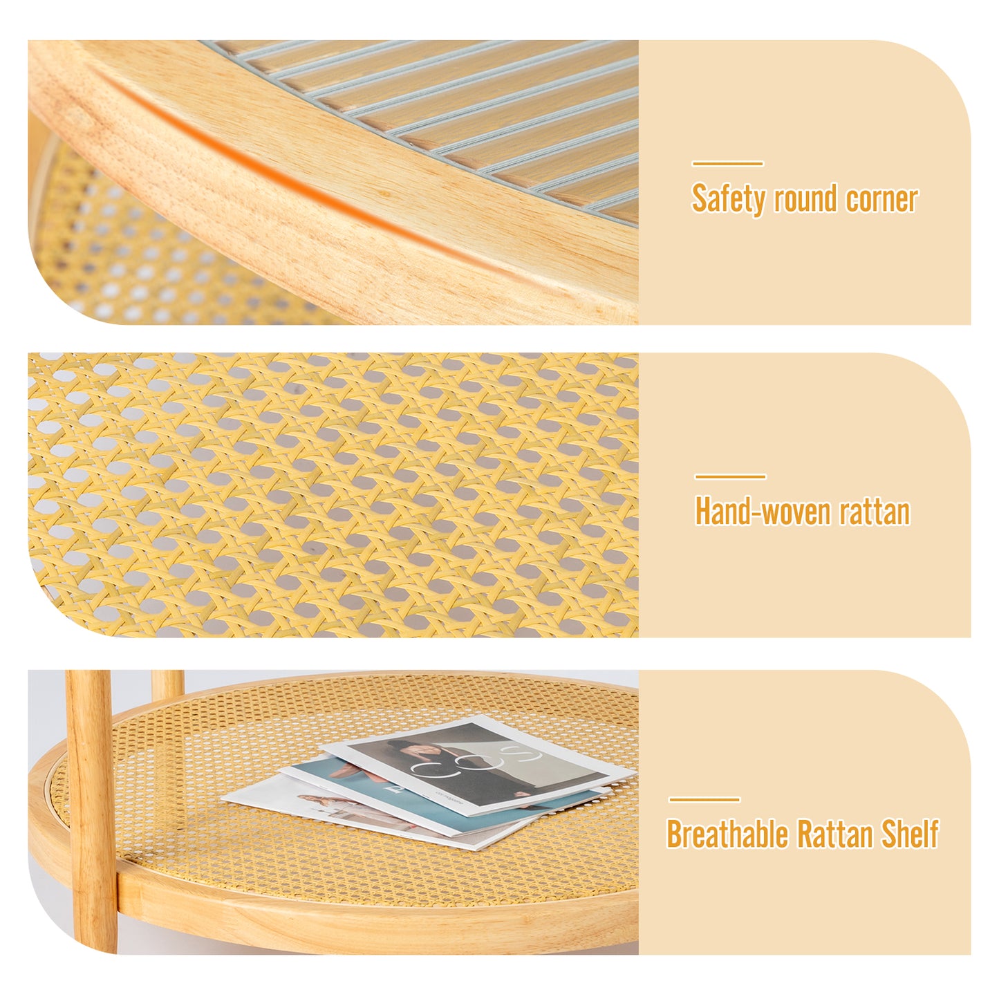 31.5in Rattan Coffee Table with Glass Top, Round End Table, Boho Style Side Table Sofa End Table for Living Room Balcony Patio, Natural