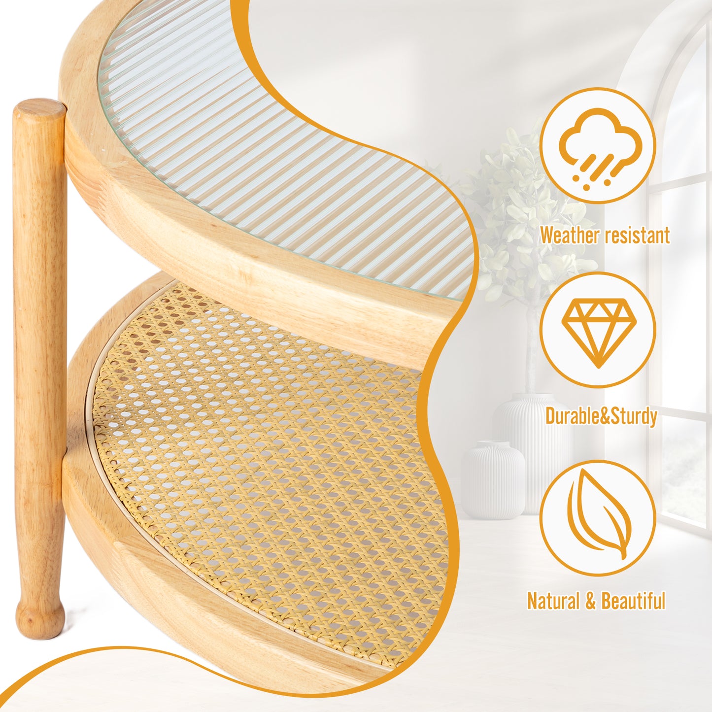 31.5in Rattan Coffee Table with Glass Top, Round End Table, Boho Style Side Table Sofa End Table for Living Room Balcony Patio, Natural