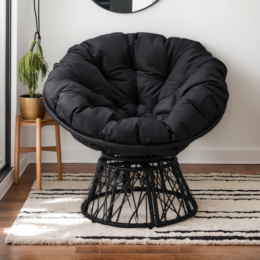 38" Ergonomic Swivel Wicker Papasan Chair with Thick Tufted Cushions, 360 Degree Rotatable Chairs for Living Room Bedroom Reading Room, Gray Cushion