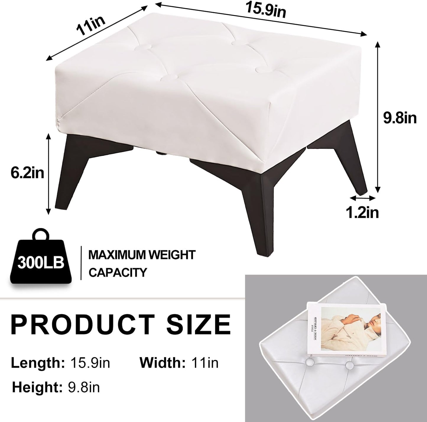 Small Footstool Ottoman, Leather Riveted Soft Footrest Ottoman with Iron Legs, Sofa Footrest Extra Seating for Living Room Entryway Bedroom White 