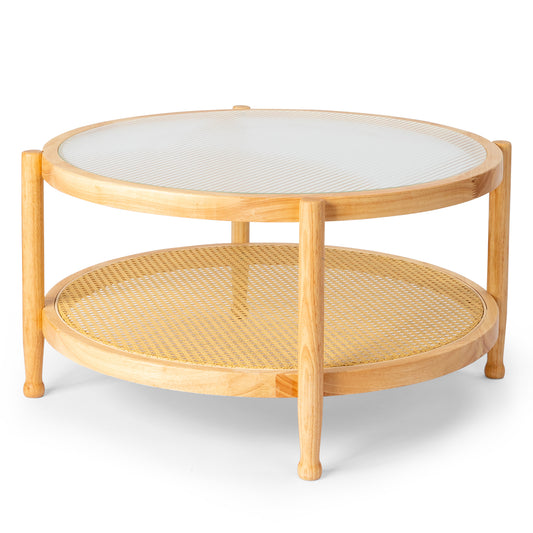 31.5in Rattan Coffee Table with Glass Top, Round End Table, Boho Style Side Table Sofa End Table for Living Room Balcony Patio, Natural