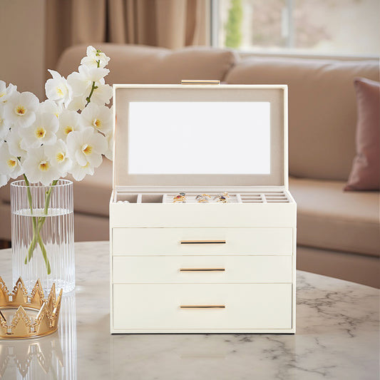 Deluxe 2-Drawer Jewelry Box with Clear Top View – White &amp; Pink Velvet Storage Case