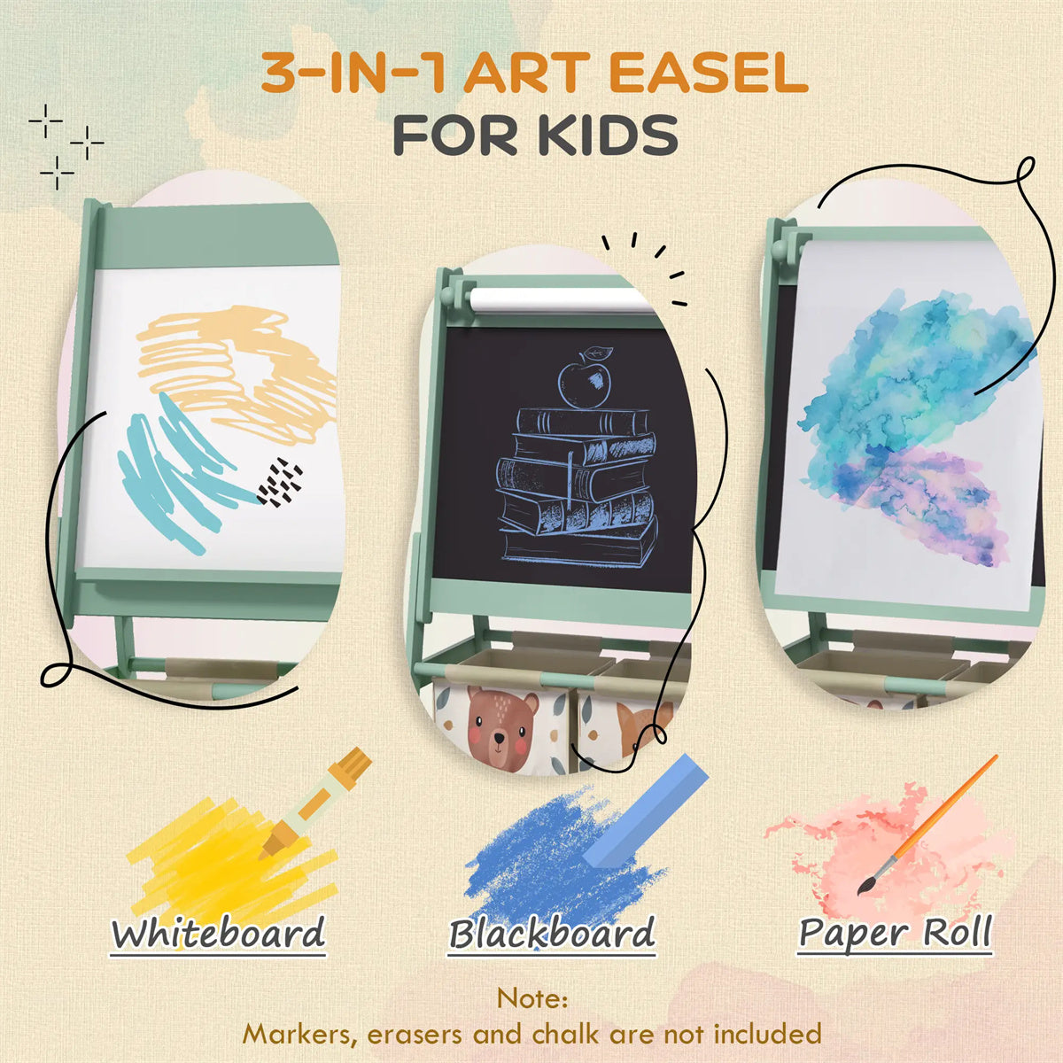 Art Easel with Paper Roll, Blackboard, Whiteboard, Storage, Green