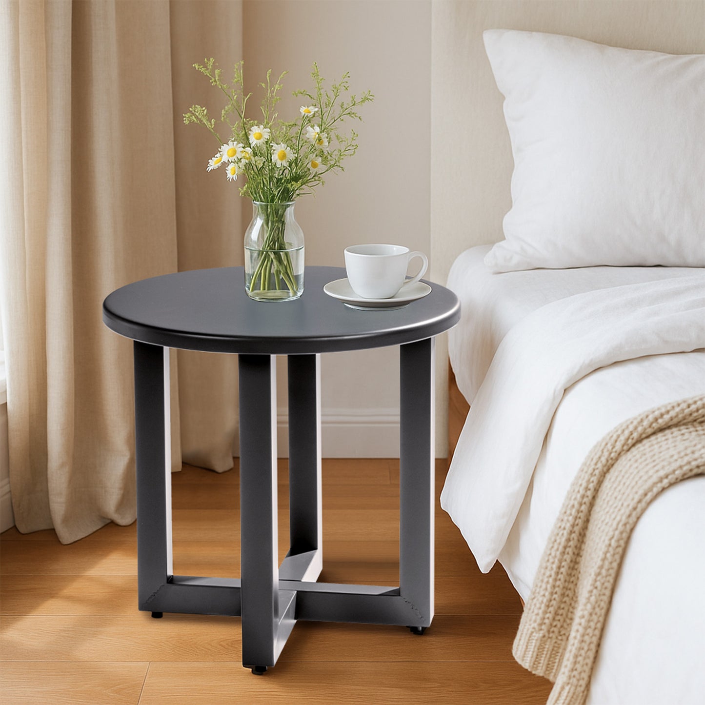 Outdoor Metal Round Table, Weather Resistant Patio End Table Side Table Coffee Bistro Table for Indoor Outdoor, Grey