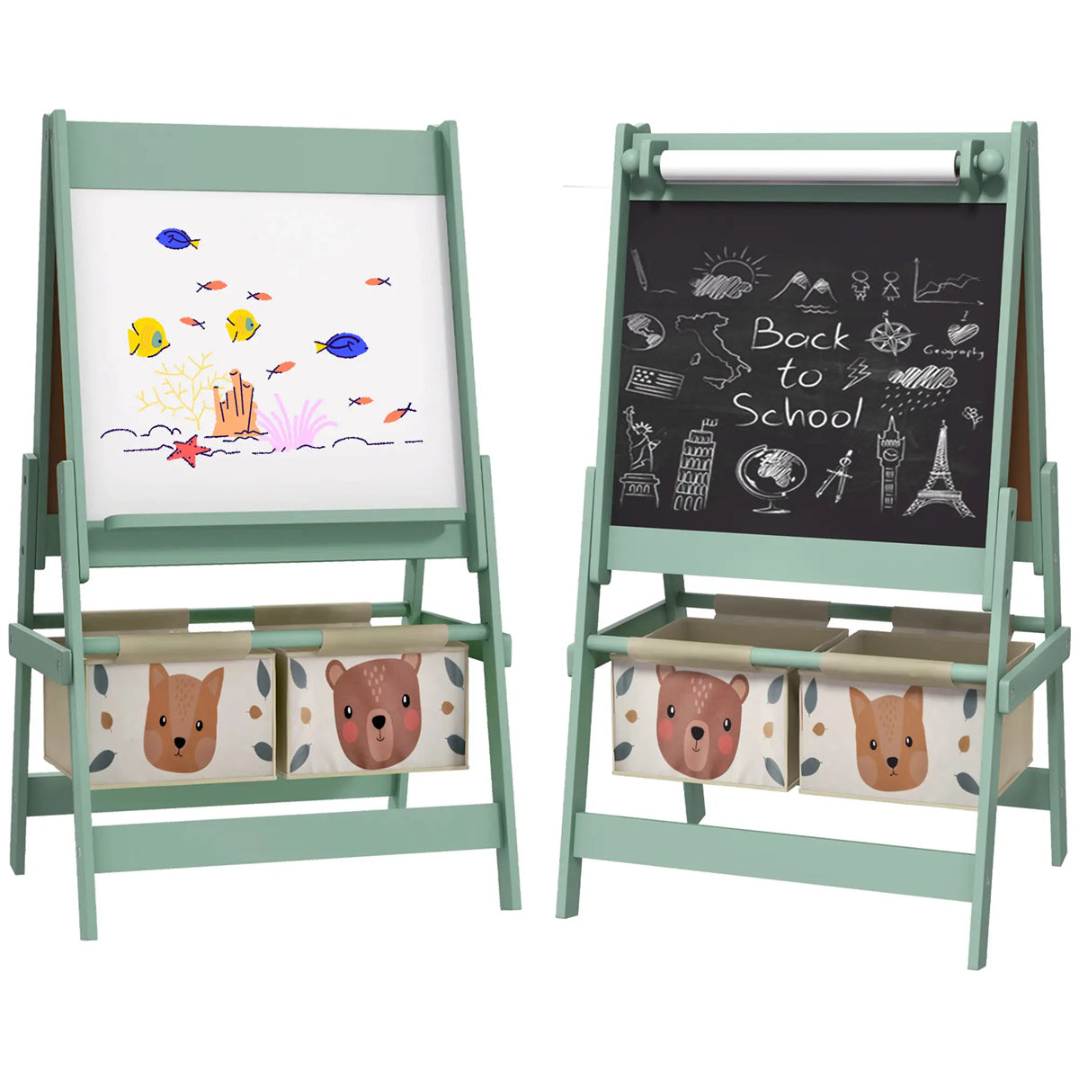 Art Easel with Paper Roll, Blackboard, Whiteboard, Storage, Green