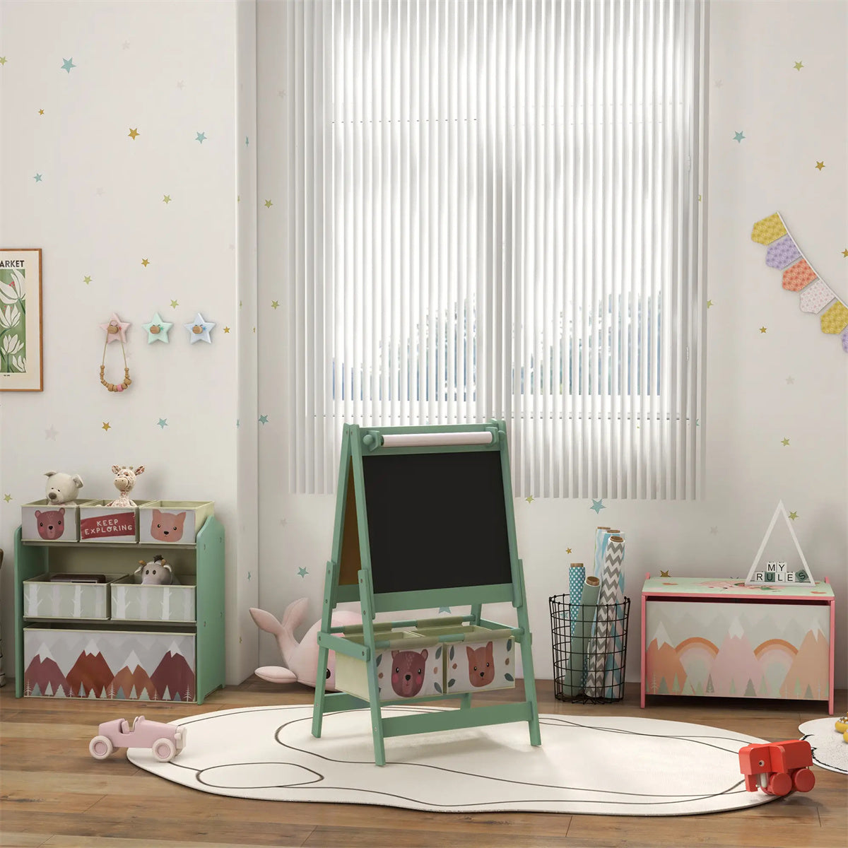 Art Easel with Paper Roll, Blackboard, Whiteboard, Storage, Green