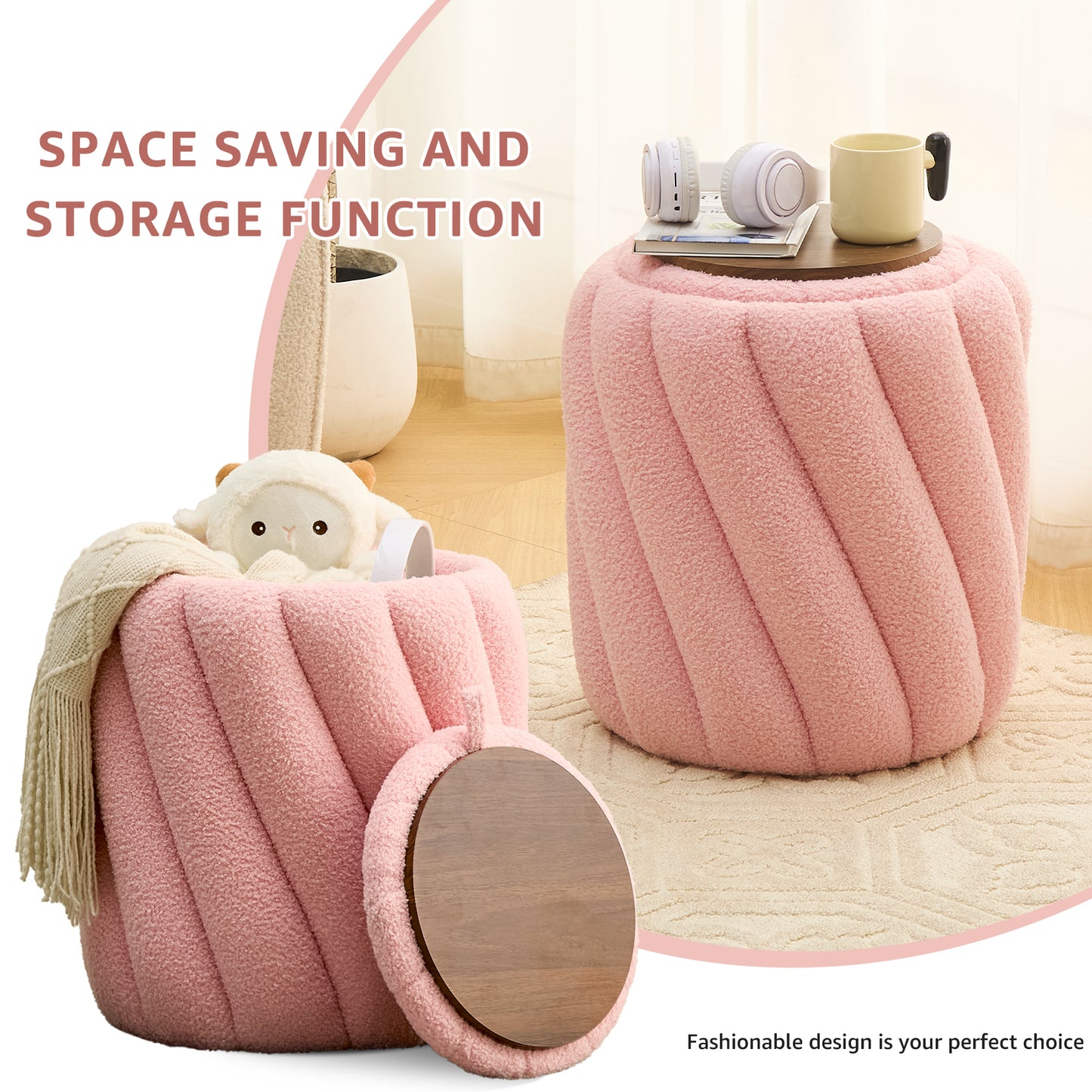 Ottoman with Storage Round Vanity Stool Ottomans Foot Rest for Makeup Room Upholstered Padded Seat Foot Stool for Living Room Entryway Teddy Velvet 