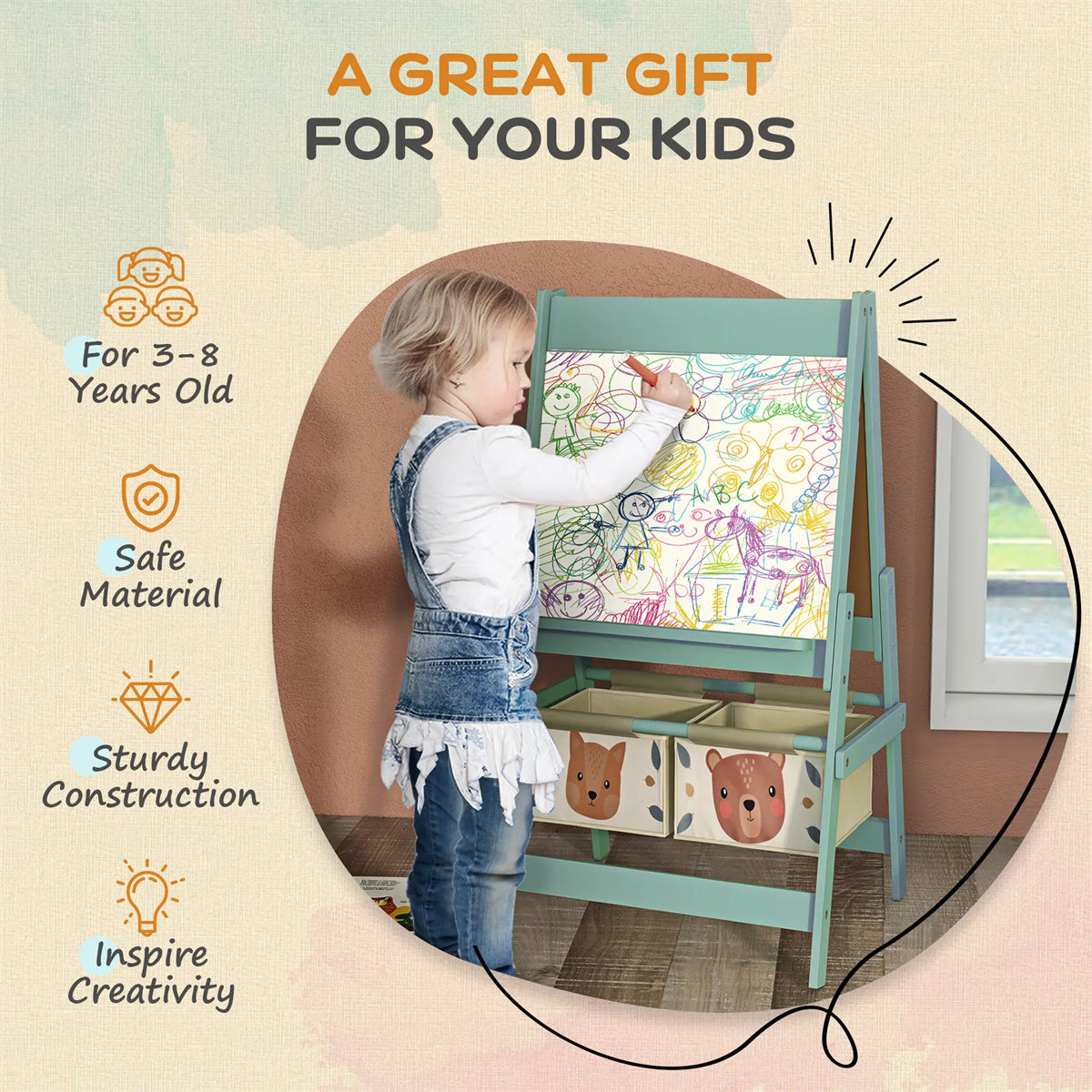 Art Easel with Paper Roll, Blackboard, Whiteboard, Storage, Green