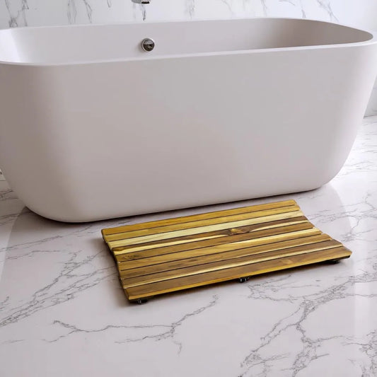 HMS 31\" Brown Teak Slat Non-Slip Bath Mat Anti-Slip Shower Rug with Children's Design for Bathroom Floor