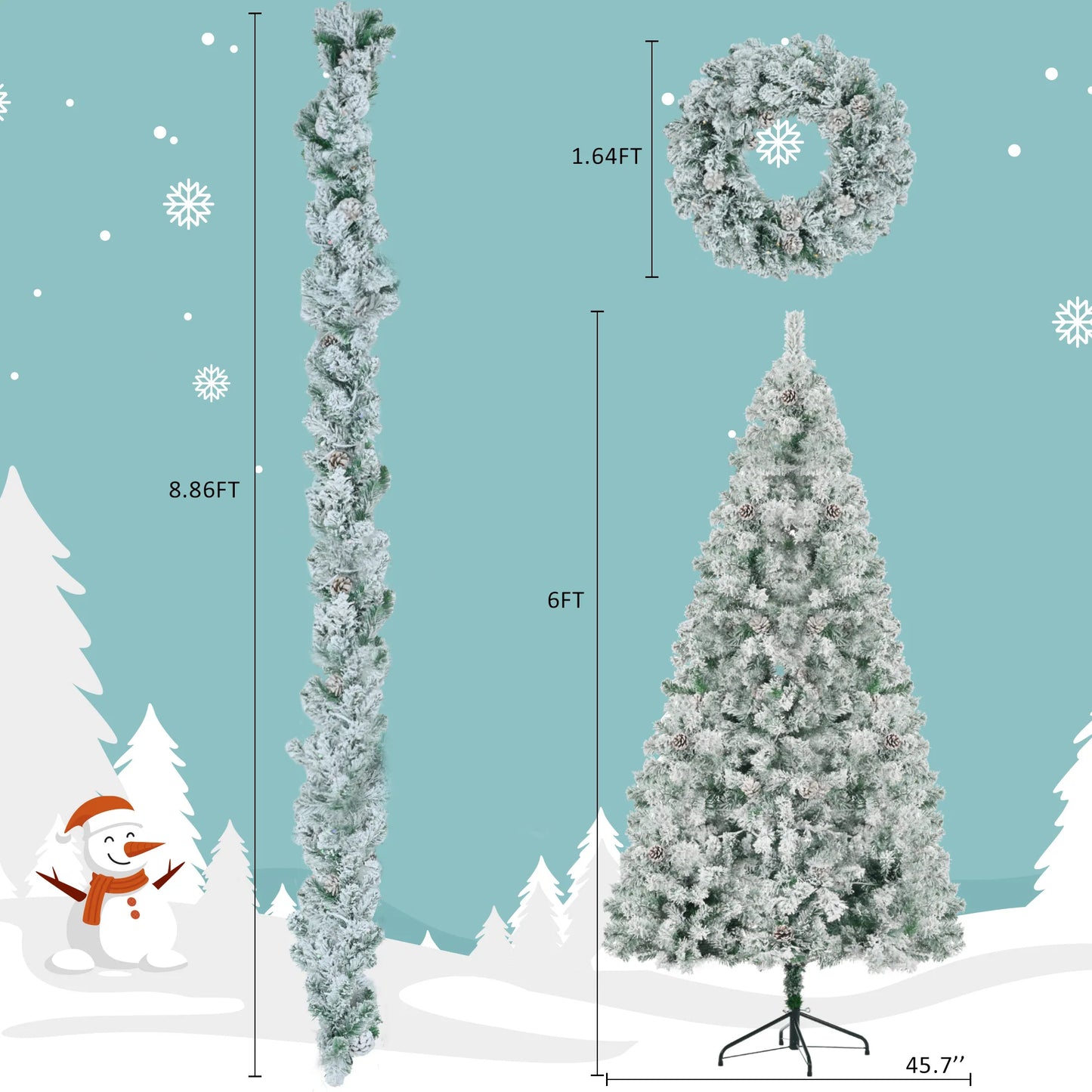 6 Feet Artificial Hinged Christmas Tree Snow Covered Base Pre-Installed LED Light Set 8 Lighting Modes Pine Cone Decor Home