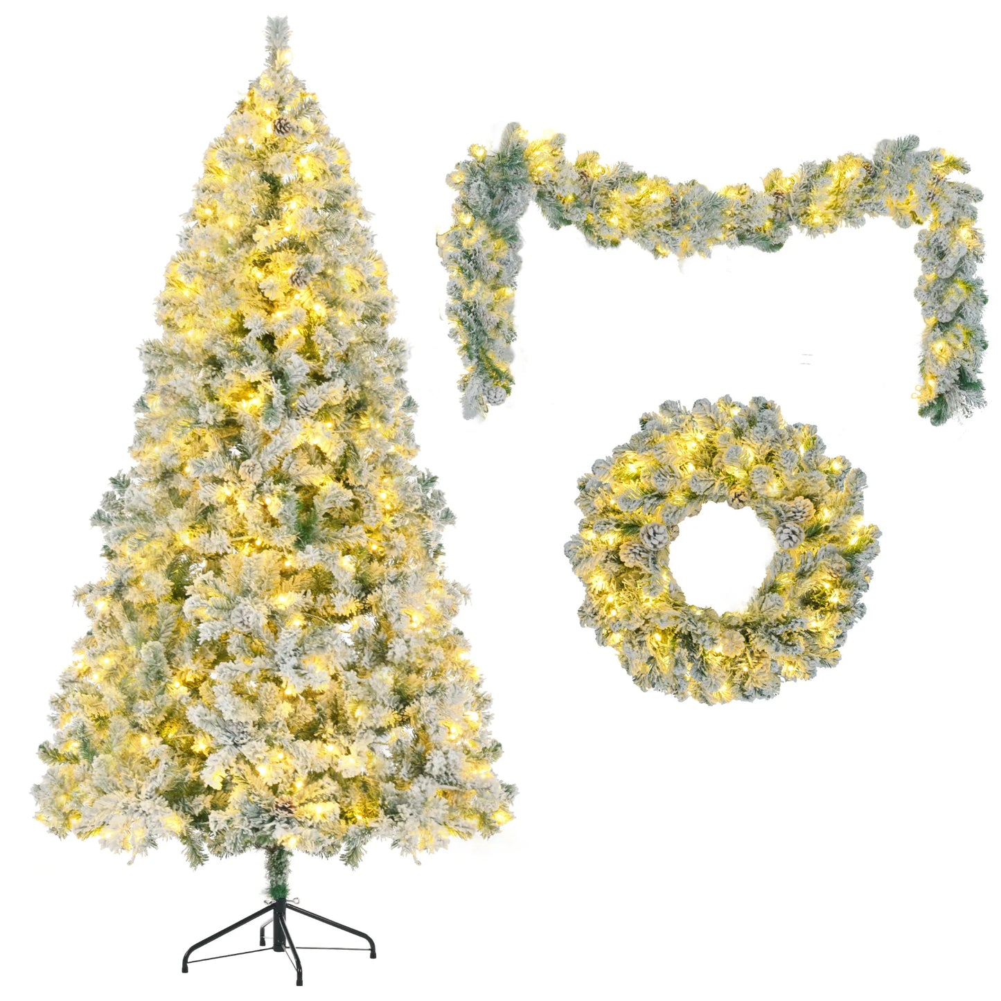 6 Feet Artificial Hinged Christmas Tree Snow Covered Base Pre-Installed LED Light Set 8 Lighting Modes Pine Cone Decor Home