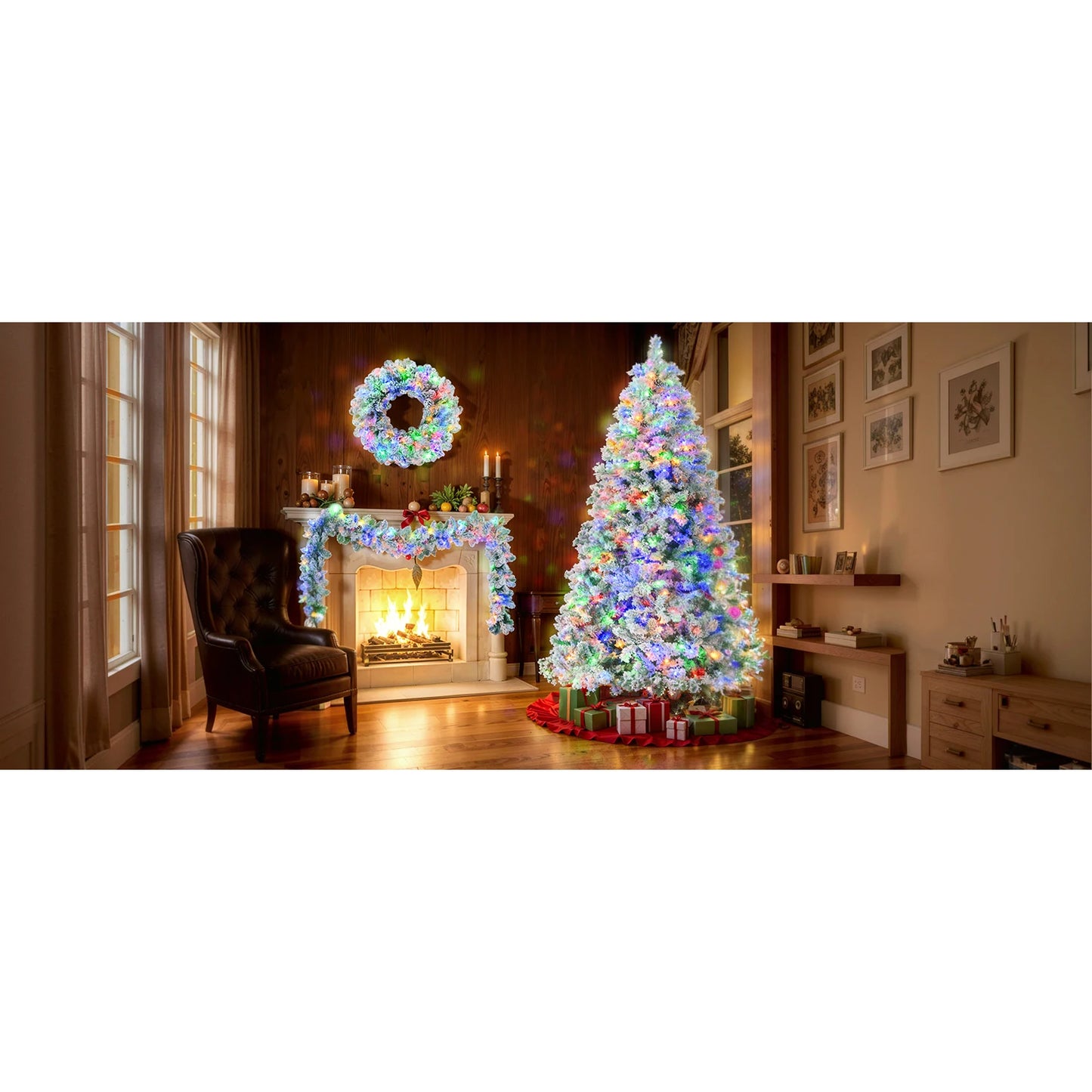 6 Feet Artificial Hinged Christmas Tree Snow Covered Base Pre-Installed LED Light Set 8 Lighting Modes Pine Cone Decor Home