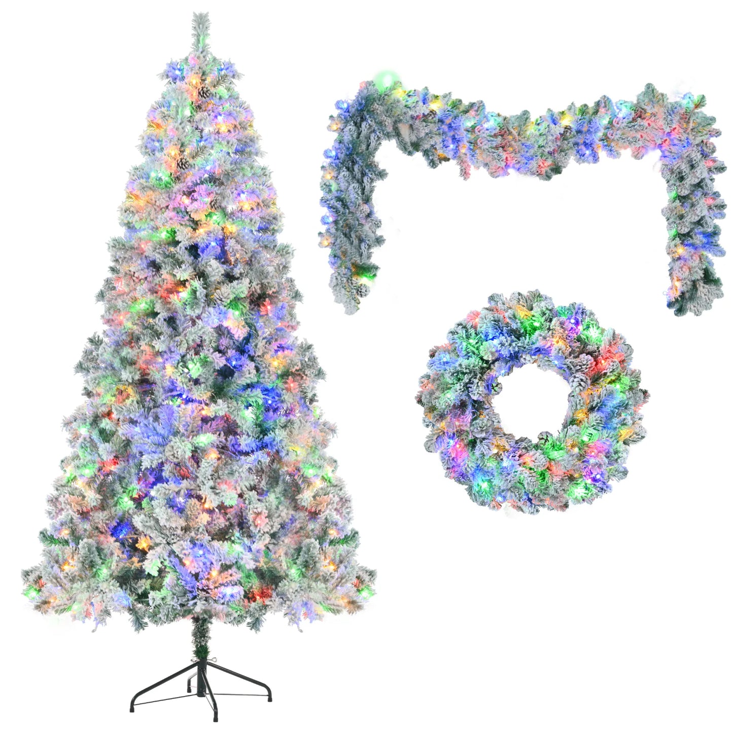 6 Feet Artificial Hinged Christmas Tree Snow Covered Base Pre-Installed LED Light Set 8 Lighting Modes Pine Cone Decor Home