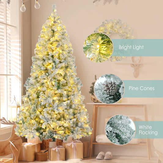 6 Feet Artificial Hinged Christmas Tree Snow Covered Base Pre-Installed LED Light Set 8 Lighting Modes Pine Cone Decor Home