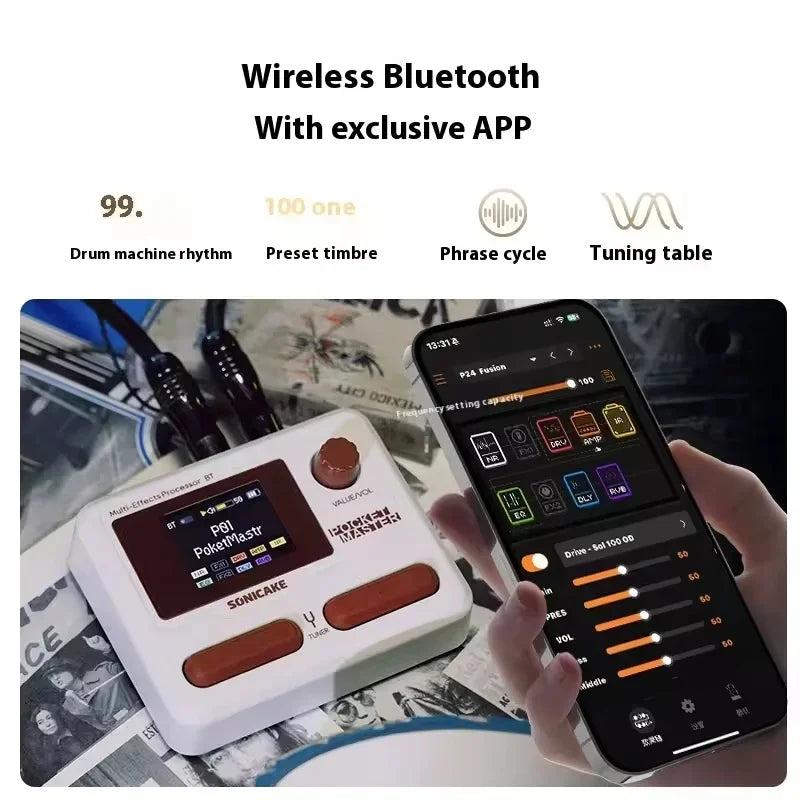 Sonicake Pocket Master Portable Electric Guitar Integrated Effect Device Pocket Bass Bluetooth Drum Machine Internal Recording