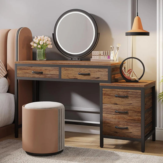 Vanity Desk with 5 Drawers, Makeup Vanity Table Dressing Table with Side 3-Drawer Chest (Without Mirror)