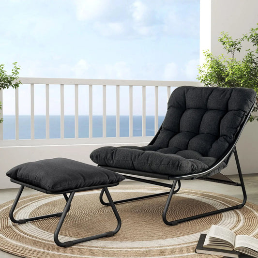 Outdoor Lounge Chair with Foot Stool, Comfy Sling Recliner Chair with Puffy Cushion and Foot Rest, Modern Patio Furniture Set
