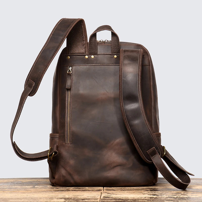 Vintage Men's Crazy Horse Leather Backpack Luxury Fashion Travel Backpack Large Capacity College Style Schoolbag Laptop Bag