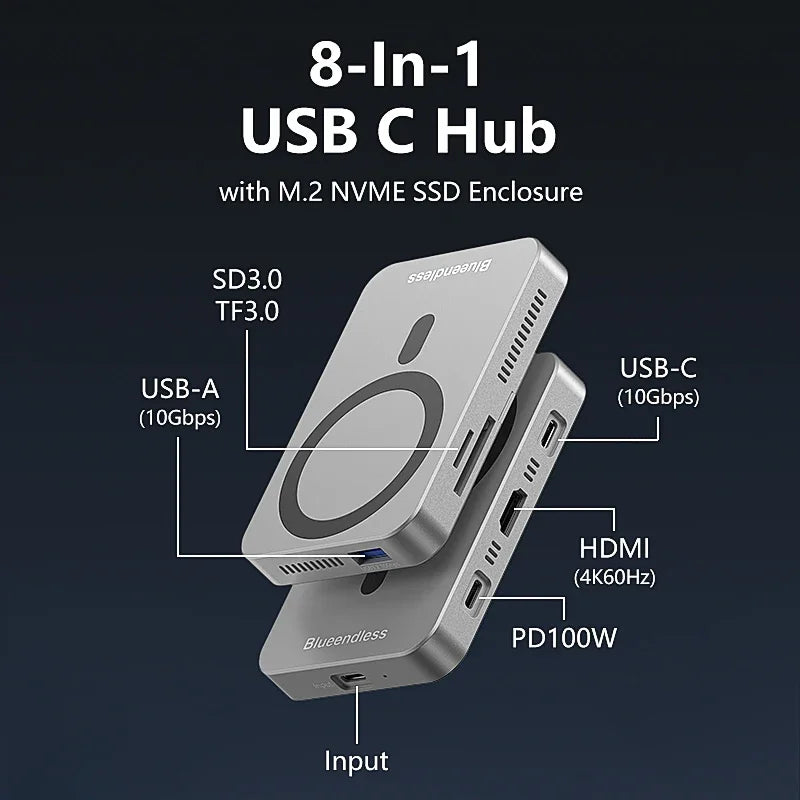 Magnetic 8 in 1 USB C Hub with 100W PD Charging NVME M2 SSD Enclosure USB 3.2 Multifunction Docking Station