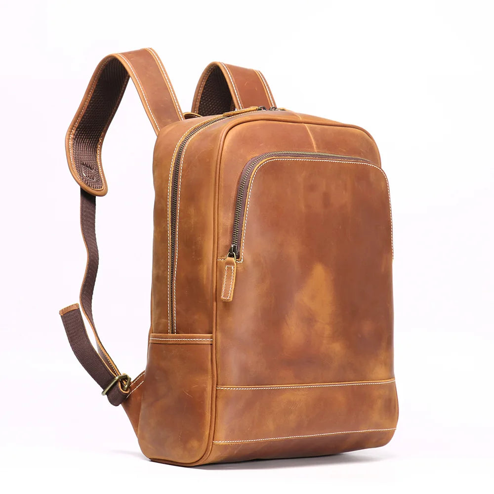 Vintage Men's Crazy Horse Leather Backpack Luxury Fashion Travel Backpack Large Capacity College Style Schoolbag Laptop Bag