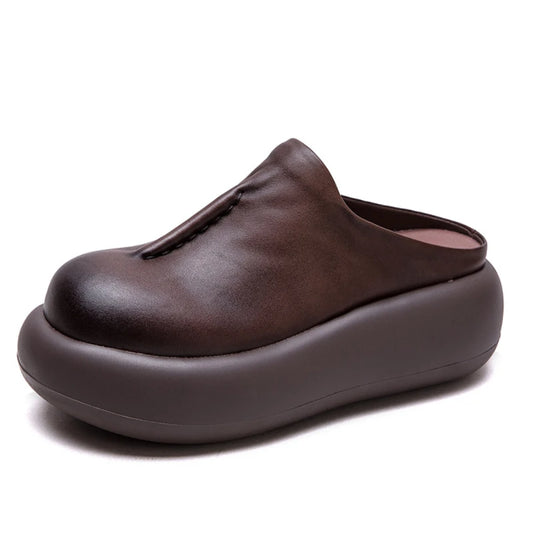 5.5cm Genuine Leather Women Flats Summer Round Toe Comfy Shoes Elthnic Ladies Retro Slip on Loafer Sandals Platform Wedge Rubber
