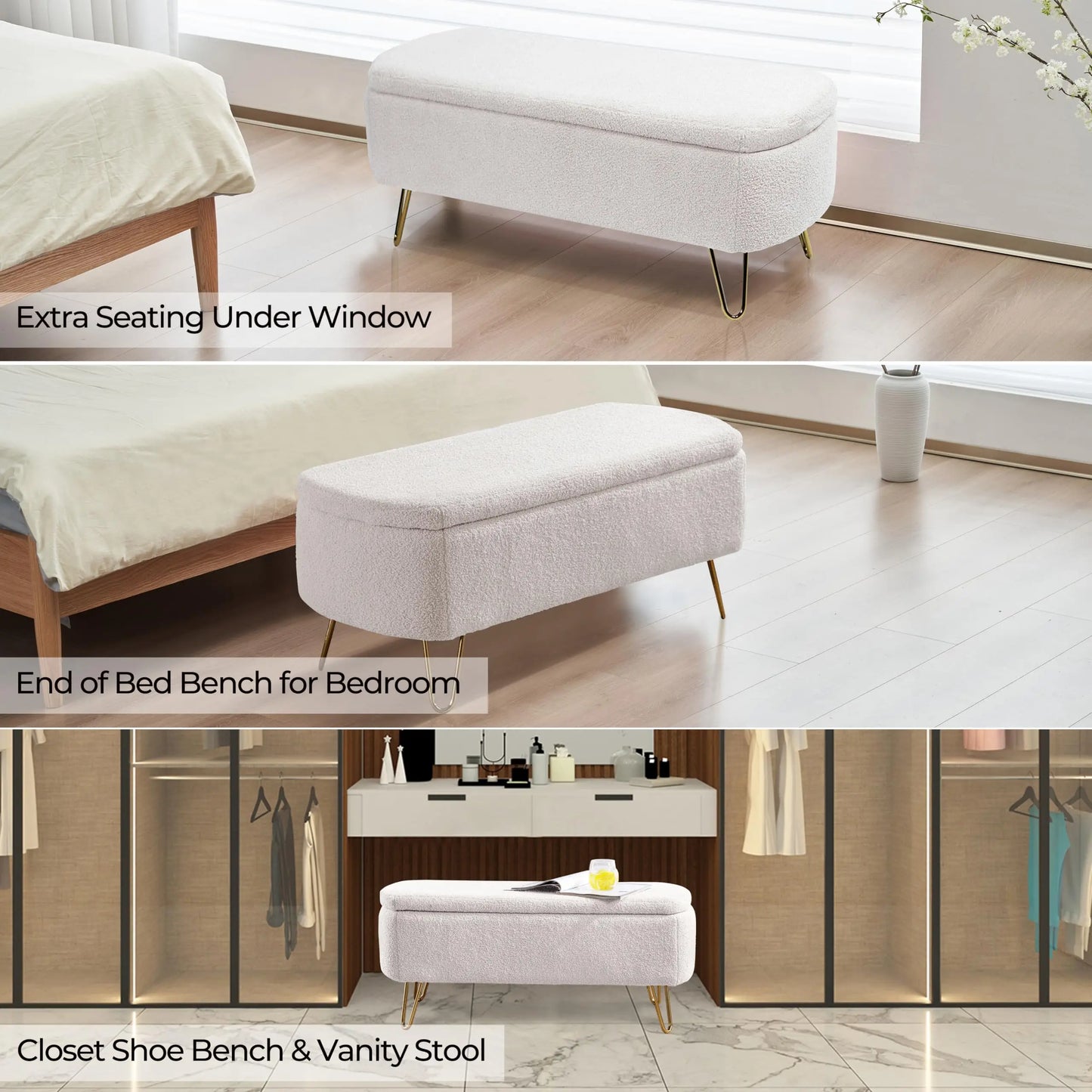 40" Boucle Sherpa Upholstered Ottoman Bench with Gold Legs - Storage for Bedroom End, Entryway, Living Room