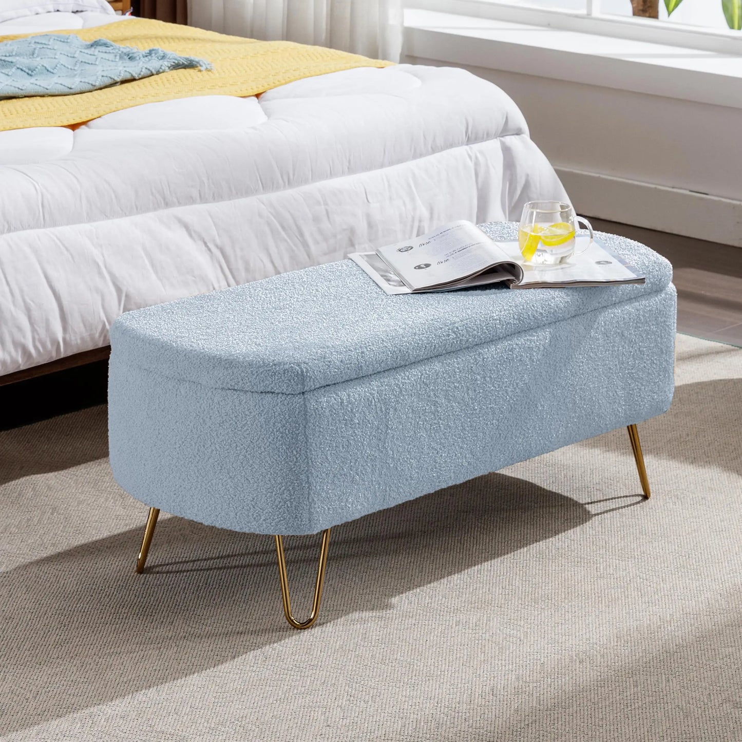 40" Boucle Sherpa Upholstered Ottoman Bench with Gold Legs - Storage for Bedroom End, Entryway, Living Room