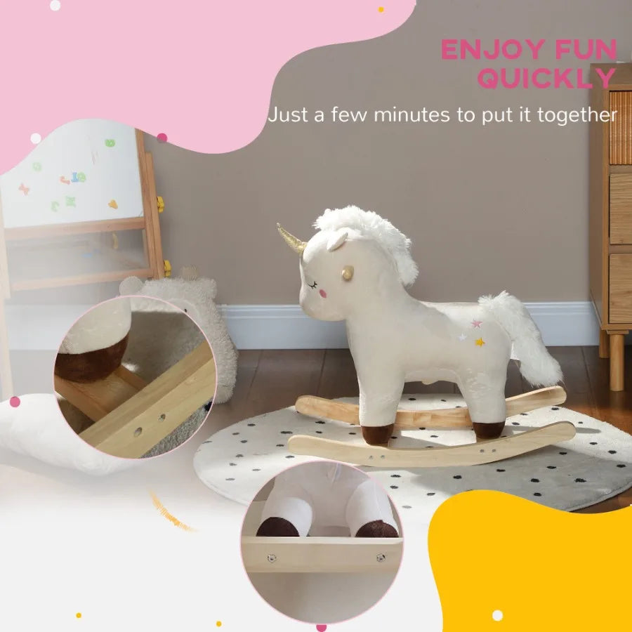 Qaba Rocking Horse Plush Ride on Unicorn with Realistic Sound Wooden Base Toddler Rocking Horse for 24 Years White