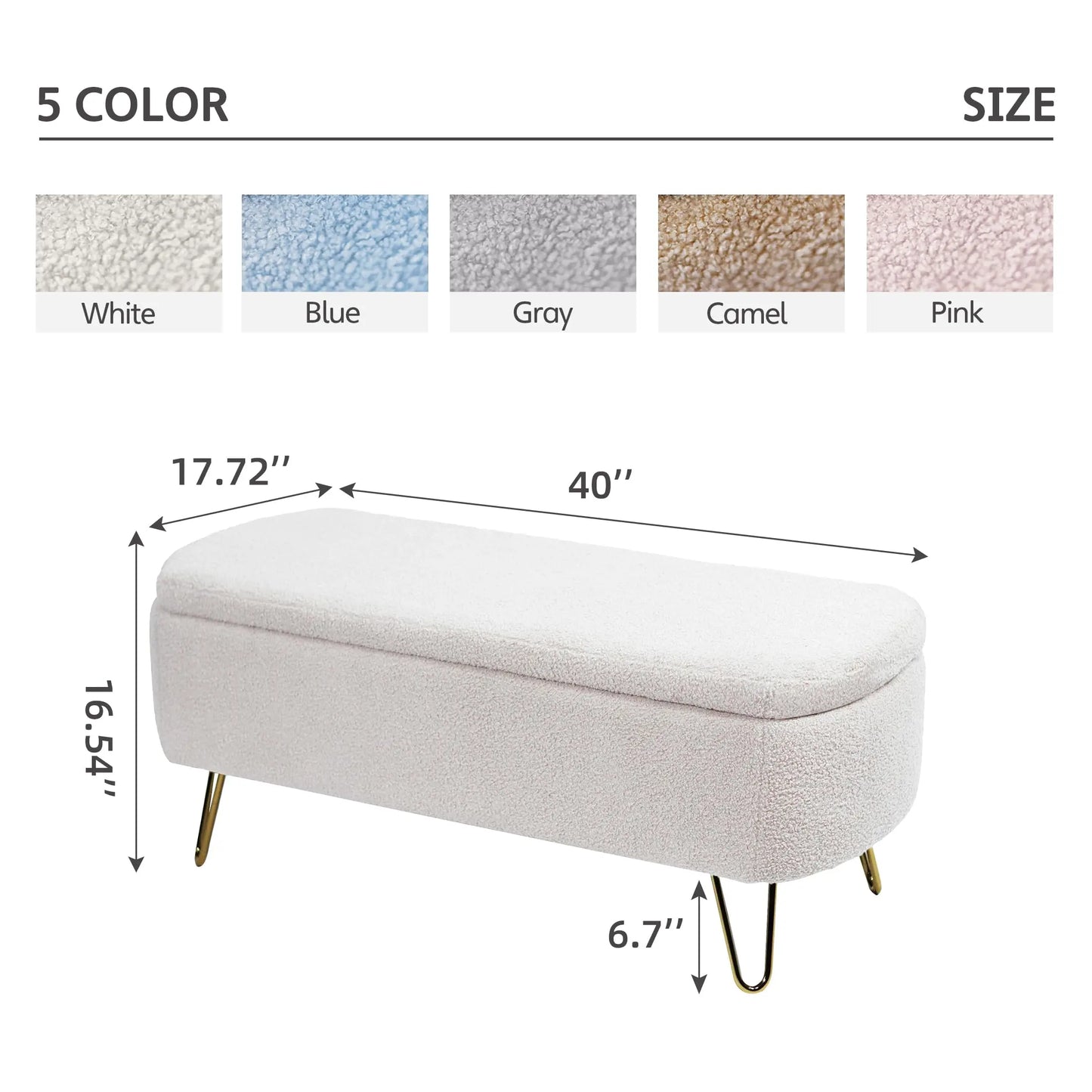 40" Boucle Sherpa Upholstered Ottoman Bench with Gold Legs - Storage for Bedroom End, Entryway, Living Room