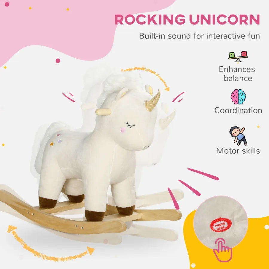 Qaba Rocking Horse Plush Ride on Unicorn with Realistic Sound Wooden Base Toddler Rocking Horse for 24 Years White