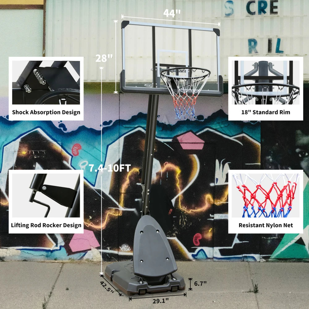 Use for Outdoor Height Adjustable 7.5 To 10ft Basketball Hoop 44 Inch Backboard Portable Basketball Goal System with Stable Base