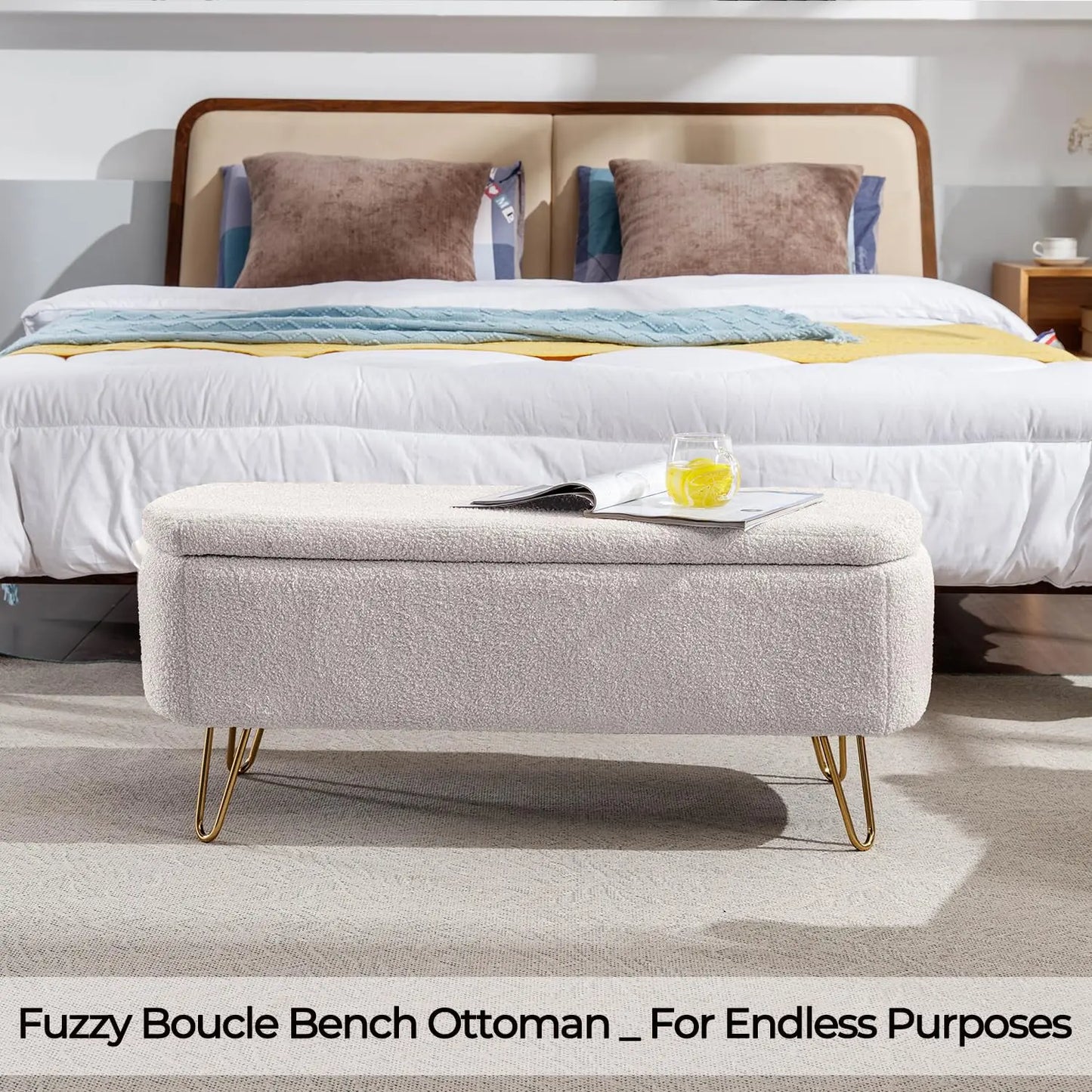 40" Boucle Sherpa Upholstered Ottoman Bench with Gold Legs - Storage for Bedroom End, Entryway, Living Room