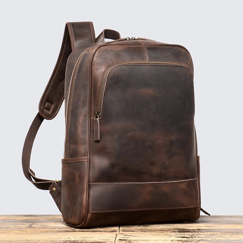 Vintage Men's Crazy Horse Leather Backpack Luxury Fashion Travel Backpack Large Capacity College Style Schoolbag Laptop Bag