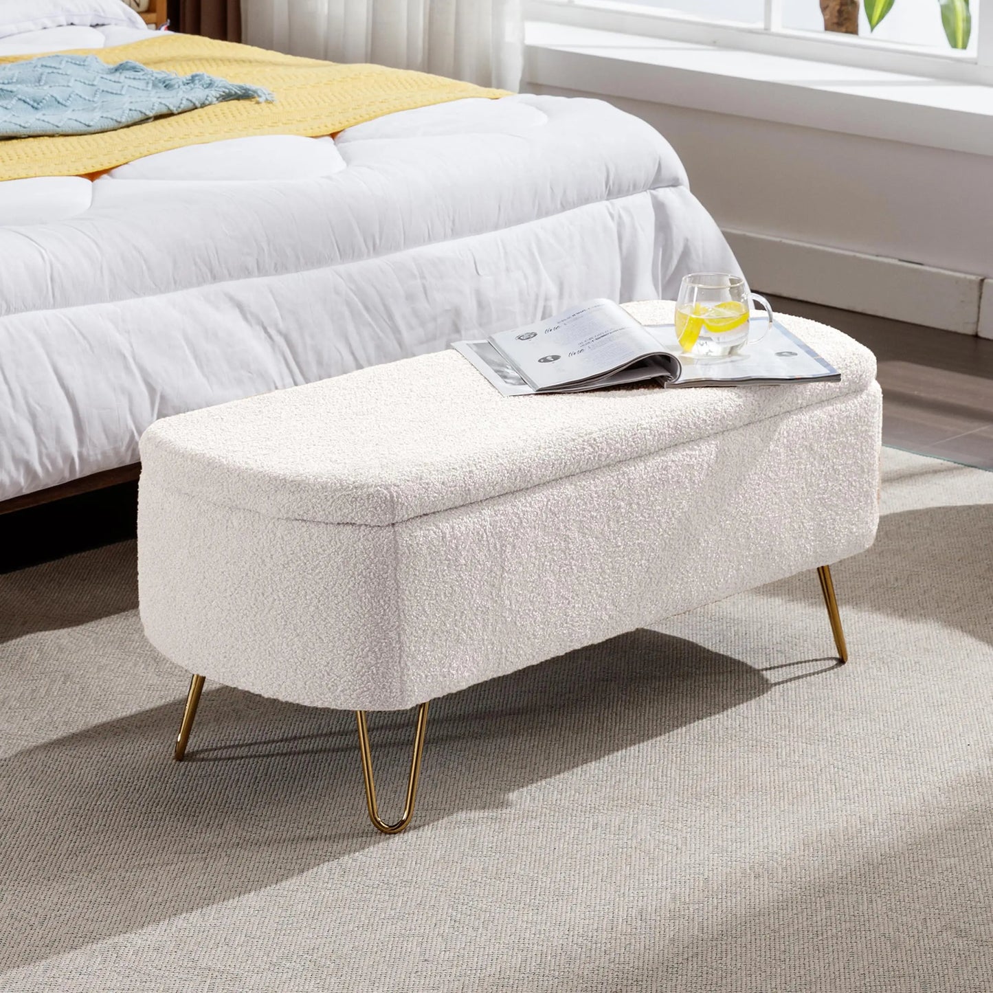 40" Boucle Sherpa Upholstered Ottoman Bench with Gold Legs - Storage for Bedroom End, Entryway, Living Room