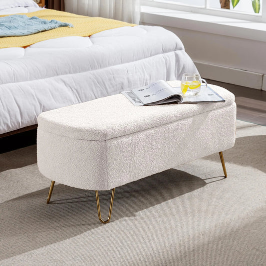 40" Boucle Sherpa Upholstered Ottoman Bench with Gold Legs - Storage for Bedroom End, Entryway, Living Room