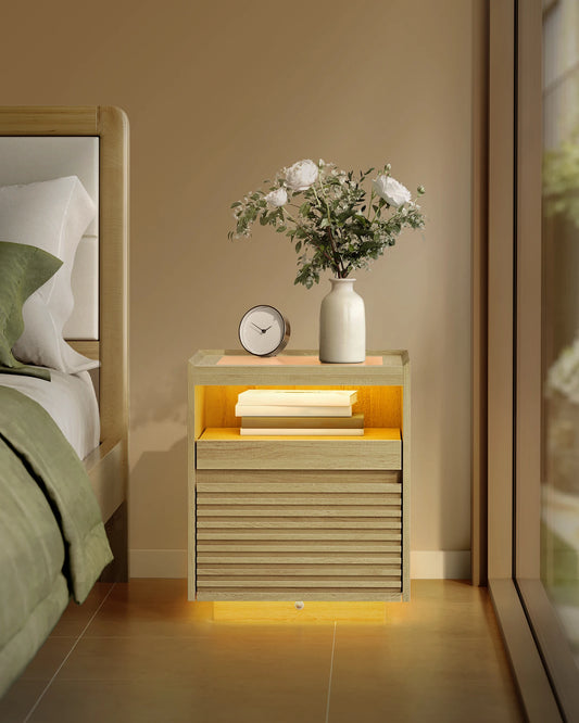 VASAGLE bedside table with LED lighting, side table table, drawer, pull-out shelf, top lighting in 3 colours adjustable