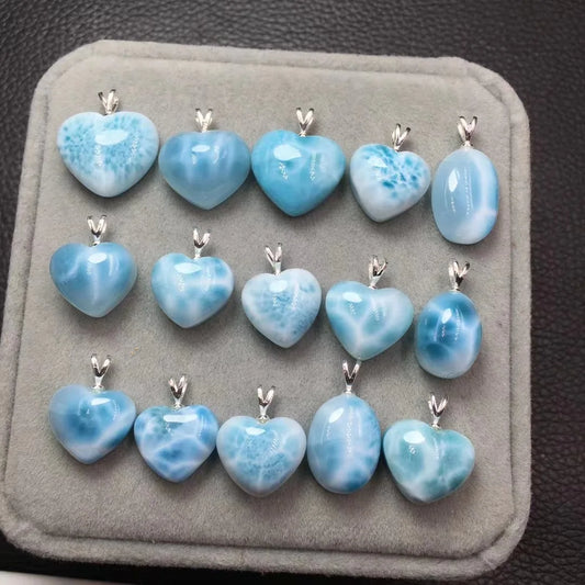 1 Pc Fengbaowu Natural Stone Dominican Republic Larimar Pendant 925 Sterling Silver Heart Oval Cabochon Water Drop Jewelry