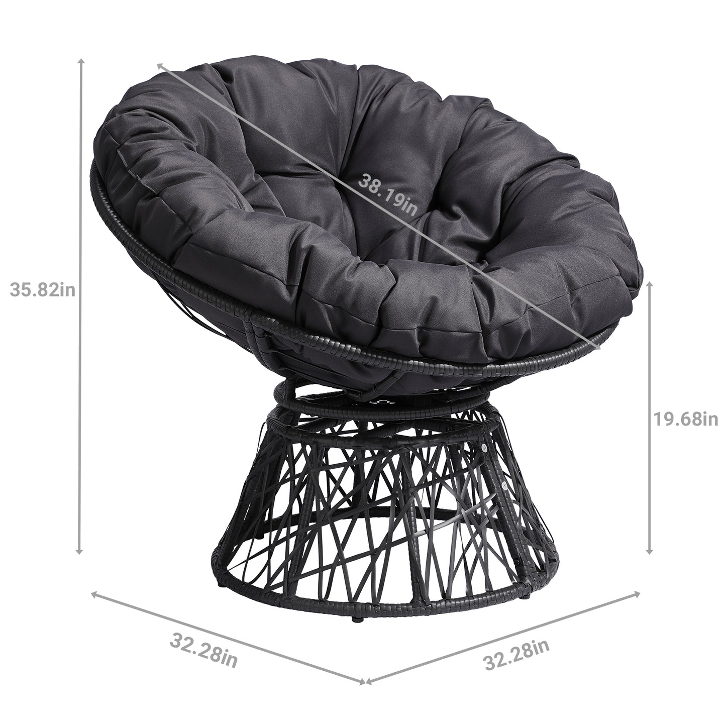 38" Ergonomic Swivel Wicker Papasan Chair with Thick Tufted Cushions, 360 Degree Rotatable Chairs for Living Room Bedroom Reading Room, Gray Cushion